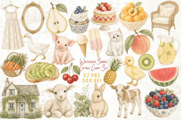 Download Watercolor Summer Cottage Clipart PNG - Premium Bundle